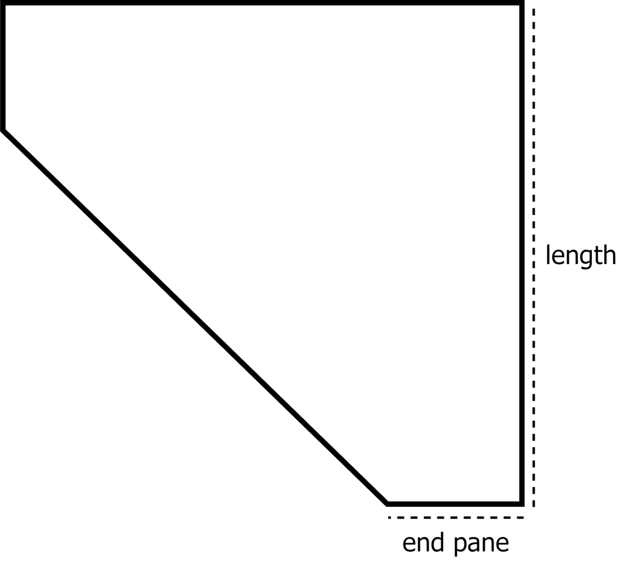 corner pentagon aquarium top view showing the length and end pane dimensions