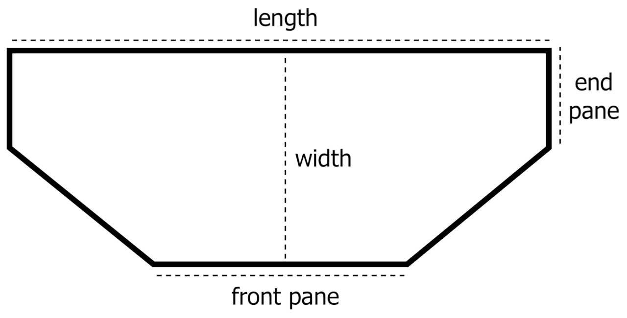 flat-back hexagon aquarium top view showing the length, width, end pane, and front pane dimensions