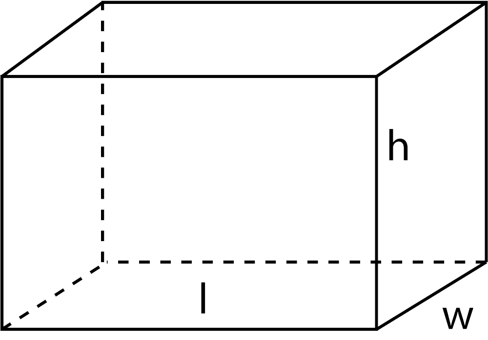 Diagram of a rectangular prism showing l = length, w = width, and h = height