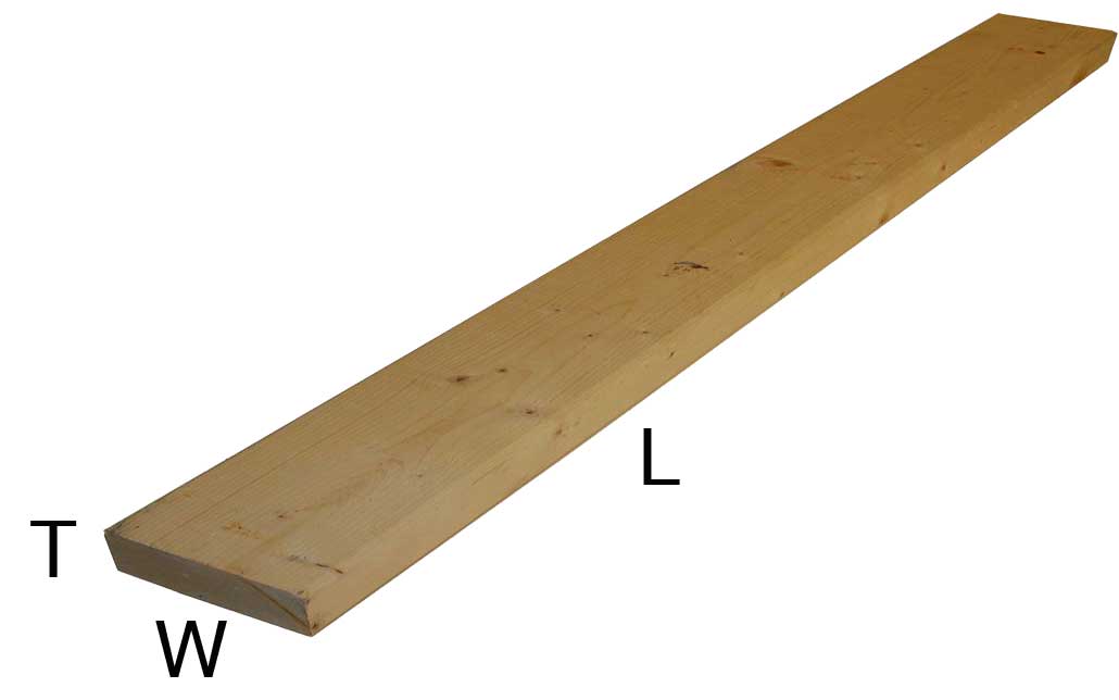 hardwood board with the length, width, and thickness dimensions marked.