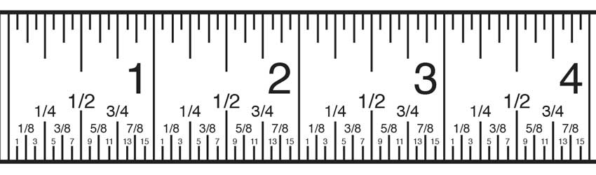 Diagram showing inch fractions on a tape measure, distinguished by the size of the tick mark