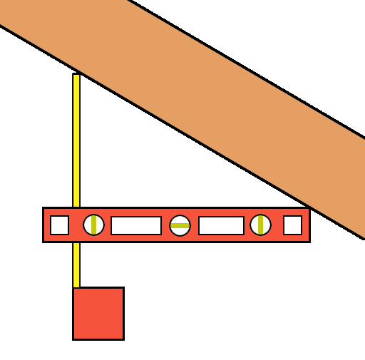 Graphic showing how to measure roof pitch from the attic using a level and tape measure