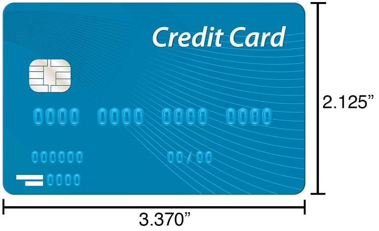 Graphic showing a credit cards with dimensions of 2.125 in x 3.370 in