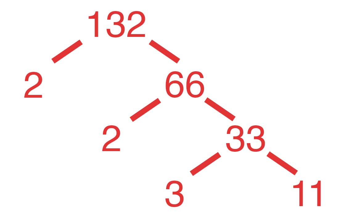 Tree demonstrating how to find the prime factors for a number by continuing to divide the number into smaller parts