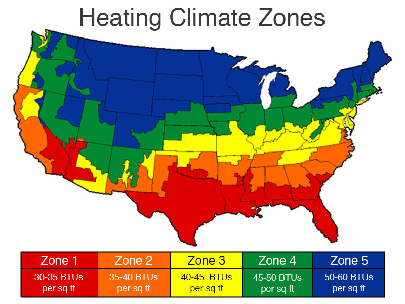 Chart showing how many BTUs per square foot are needed to comfortably heat a home based on geographic location.