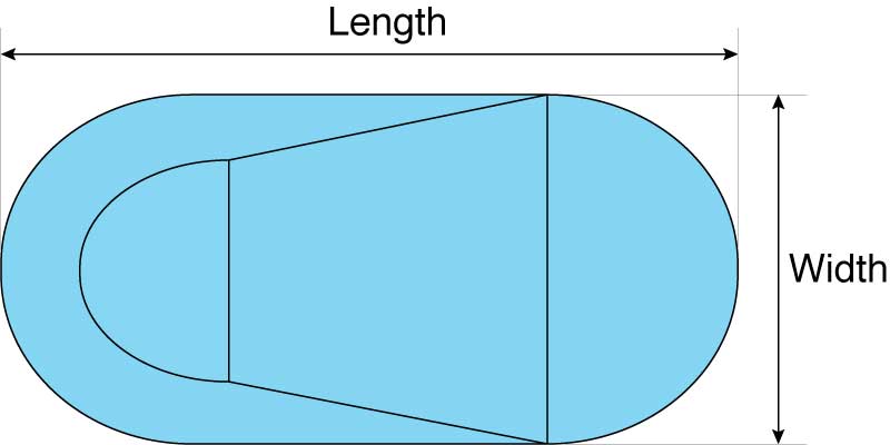 Illustration showing the dimensions of an oval swimming pool