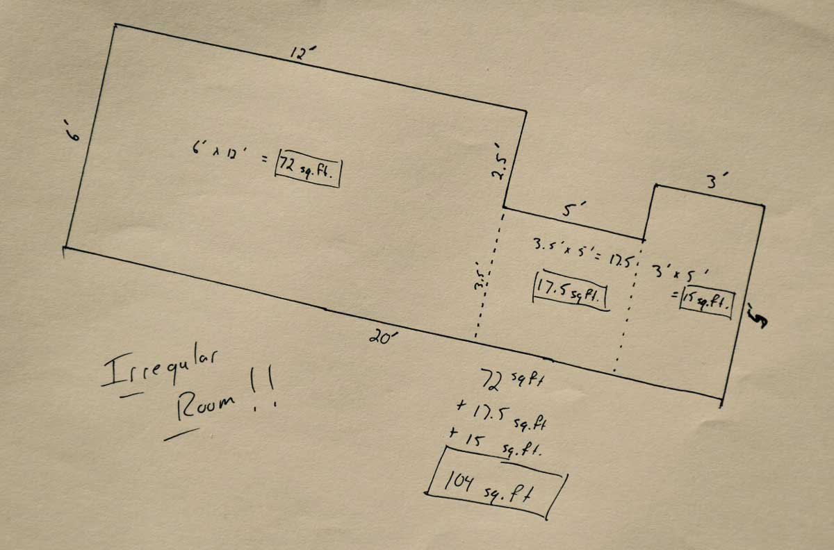 Drawing showing how to break up irregular rooms into smaller sections to measure