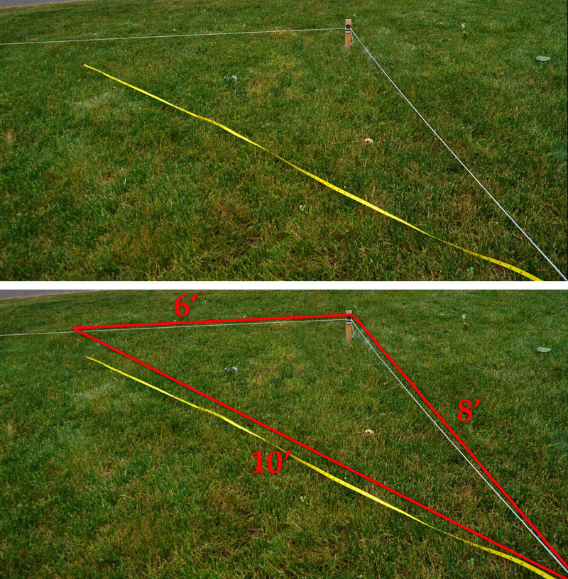 image illustrating how to use the pythagorean theorem to get perfectly square patio corners with the top image showing string lines and a tape measure and the bottom showing the 3, 4, 5 lines