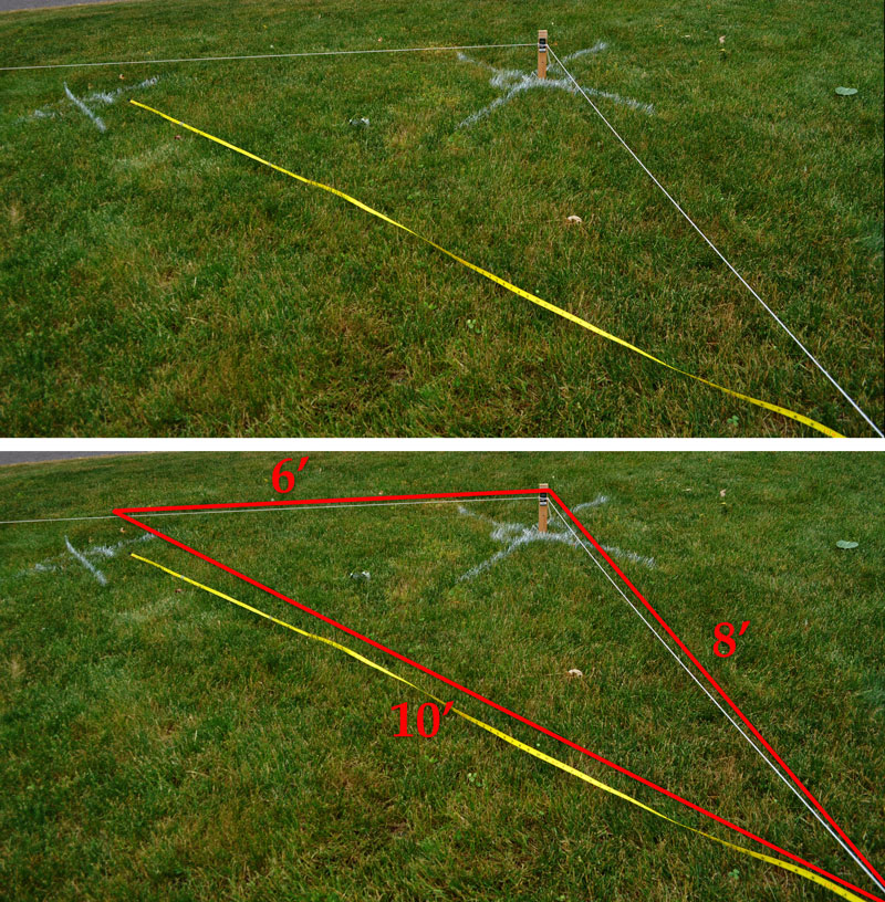 Fence corner laid out and measured using the Pythagorean Theorem to ensure it's square