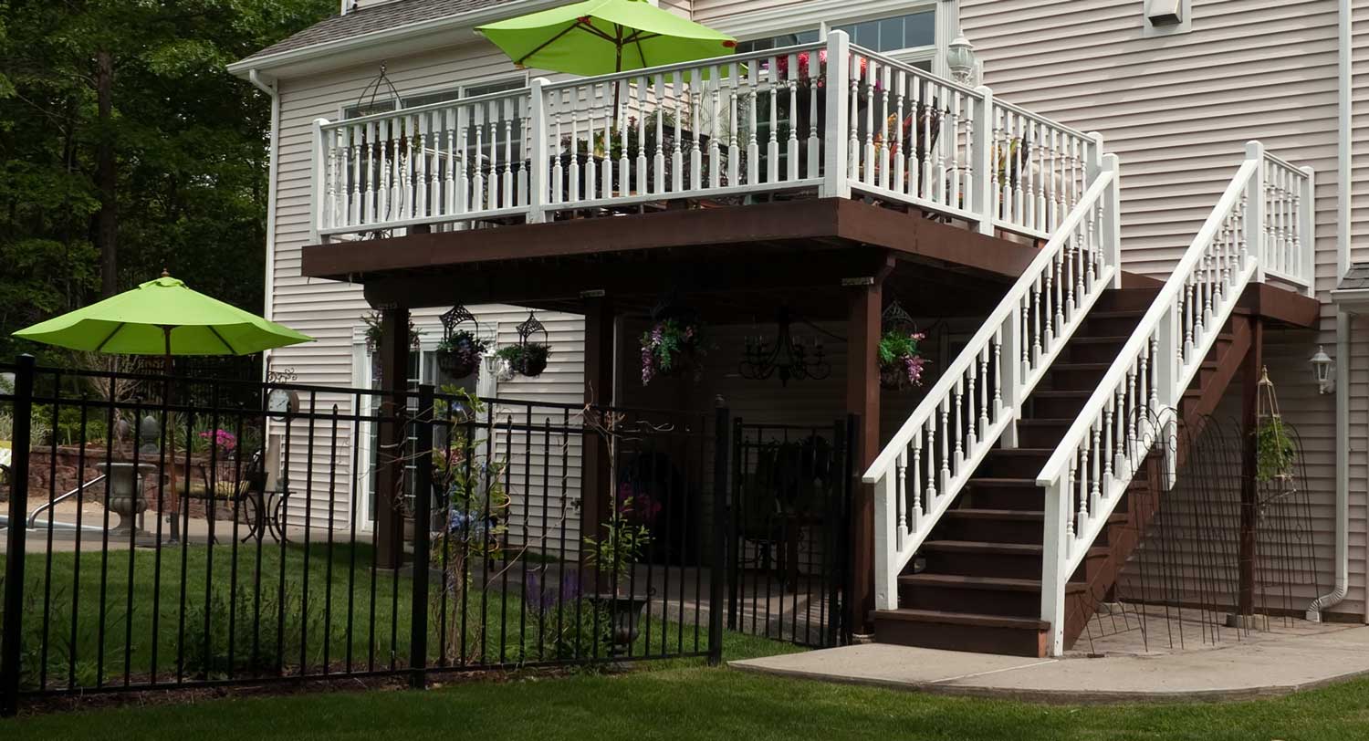 Stairs on a deck allowing access to the yard