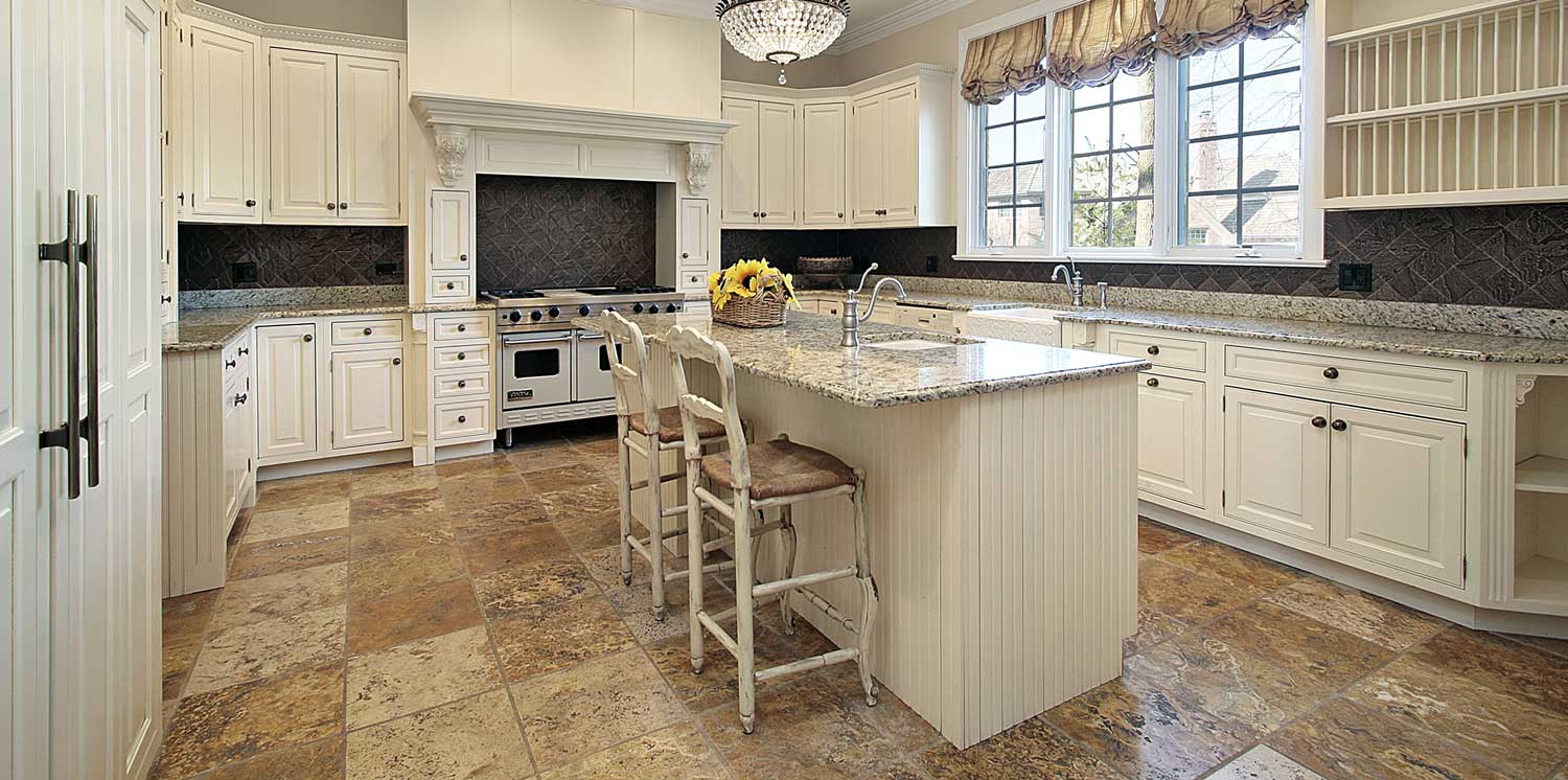 Newly installed tile floor in an upscale kitchen