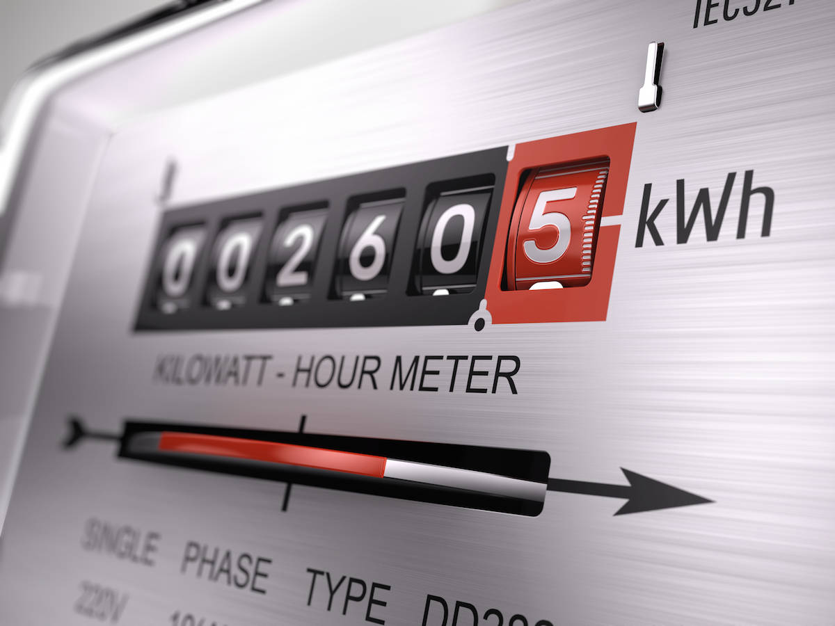 electric meter showing power used measured in kilowatt hours