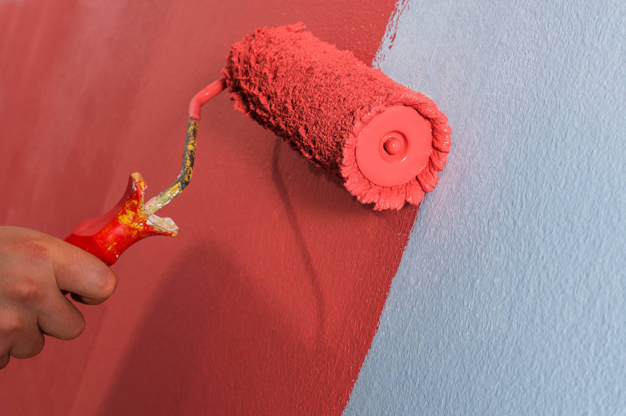 Using a roller to paint a wall with red paint