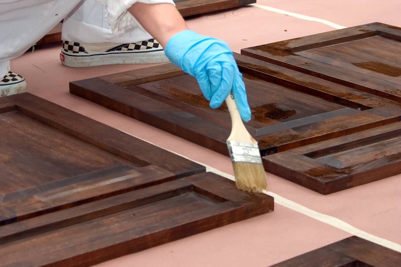 Staining kitchen cabinet doors to update the finish