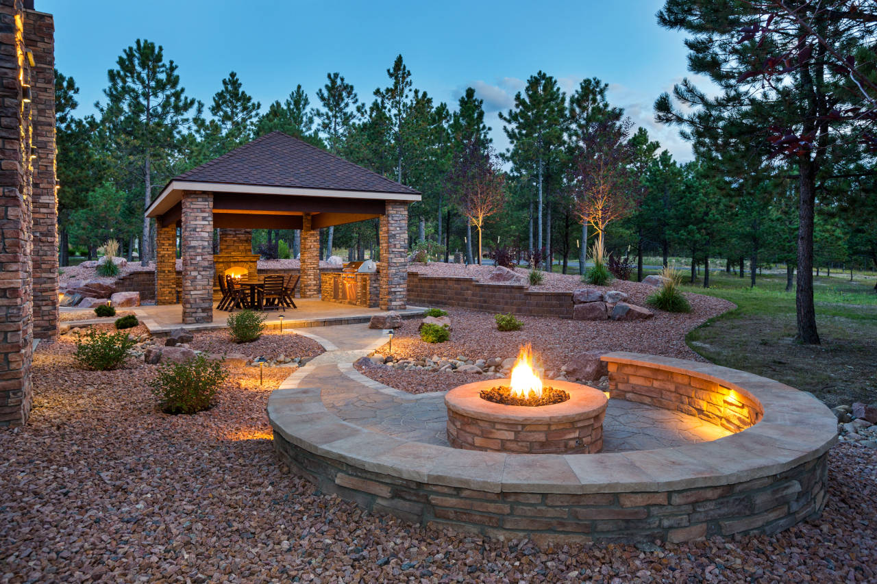 Newly installed block fire pit with seating