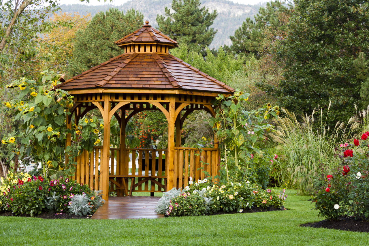 newly installed gazebo surrounded by landscaping