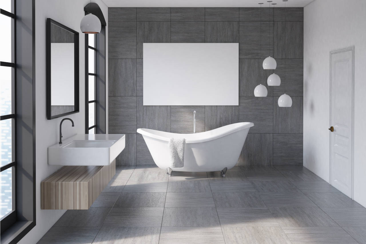 modern bathroom with tile floor and a standalone tub