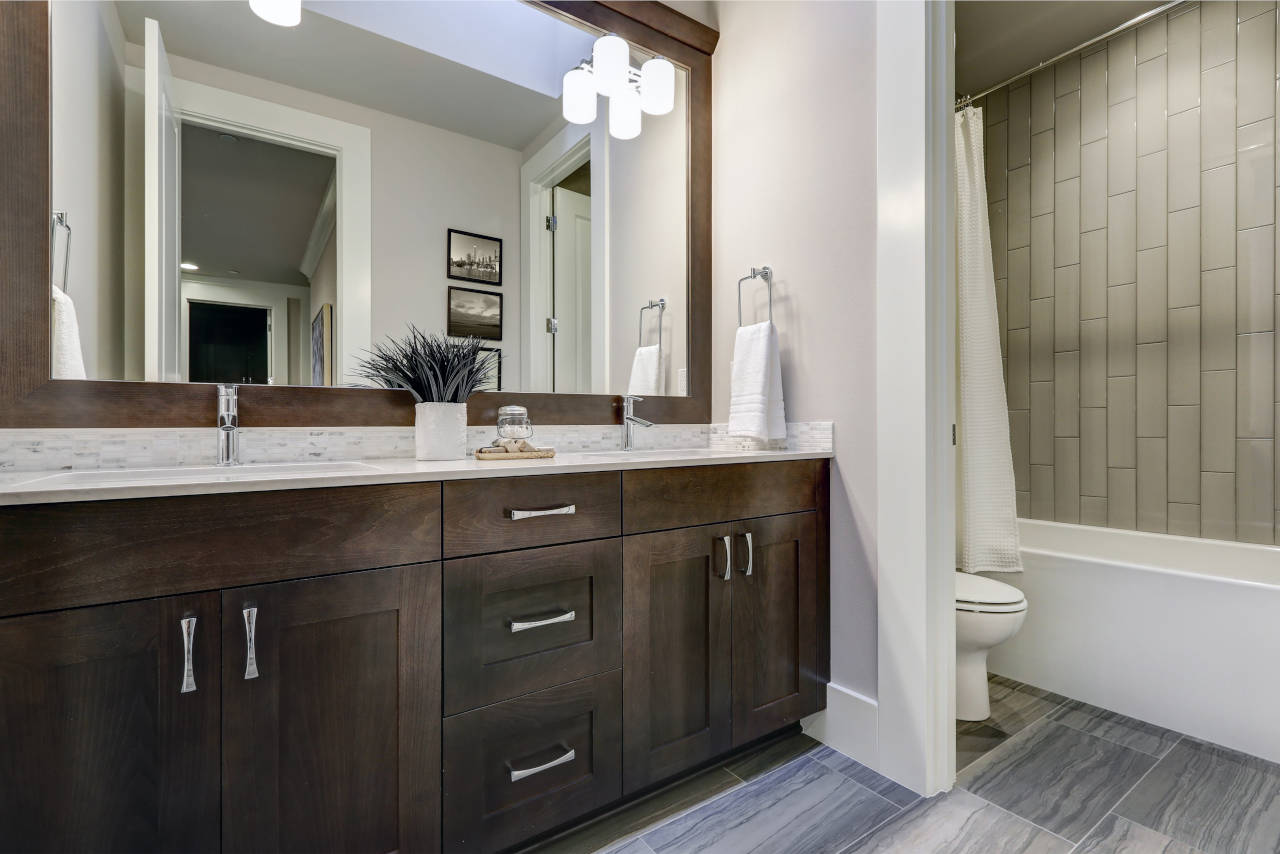 Bathroom with a double-sink dark wood vanity