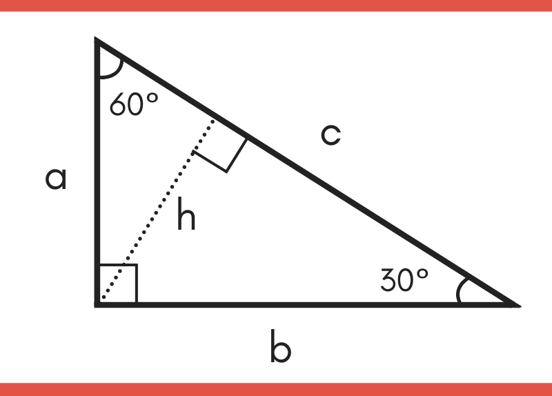 diagram of a special right 30 60 90 triangle showing legs a and b, hypotenuse c, 30 & 60 degree angles, and height h