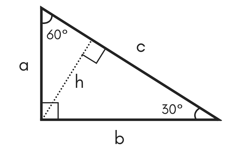 diagram of a special right 30 60 90 triangle showing legs a and b, hypotenuse c, 30 & 60 degree angles, and height h
