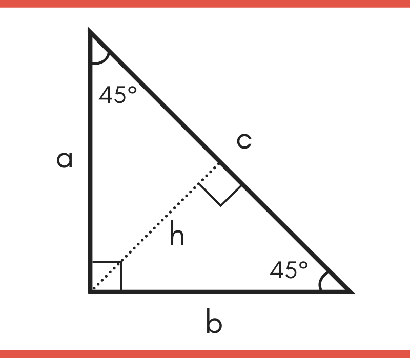 diagram of a special right 45 45 90 triangle showing legs a and b, hypotenuse c, 30 & 60 degree angles, and height h