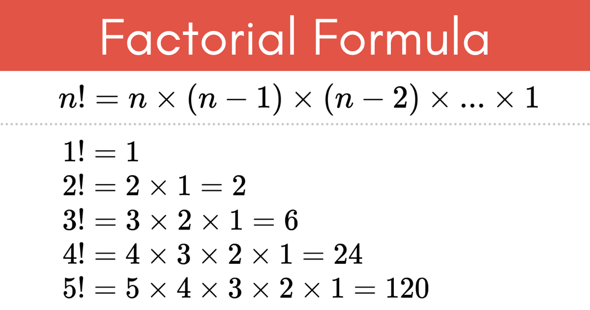 The formula to solve a factorial, including examples to solve the factorial for numbers 1, 2, 3, 4, & 5