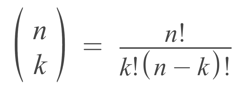 n choose k formula showing that the number of combinations is equal to n factorial divided by k factorial times n minus k factorial