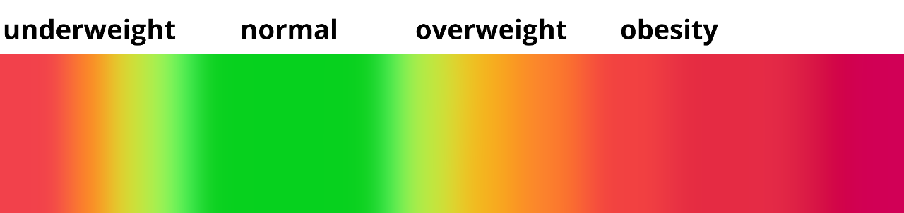 Scale showing range of BMI values and their categories. The canvas drawing shows this image with a marker showing where your BMI is on the range of BMI classifications.