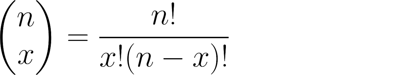 formula illustrating that the number of combinations is equal to n factorial divided by x factorial times n minus x factorial