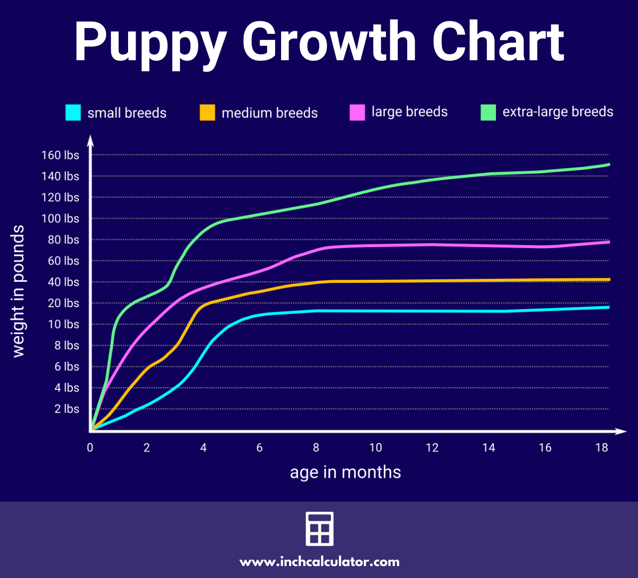 Chart showing the growth progression for a puppy and when they reach their adult weight, broken down by breed size