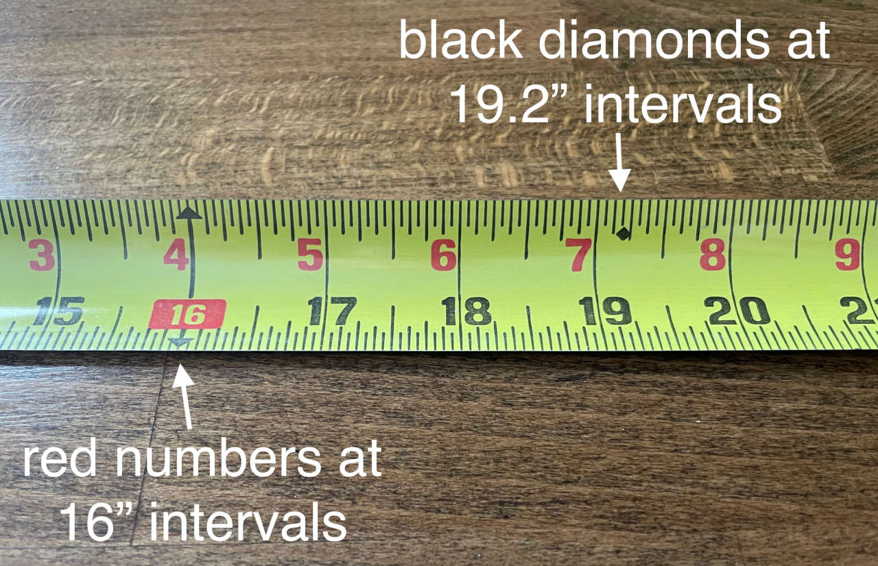 red numbering and black diamond framing intervals on a tape measure