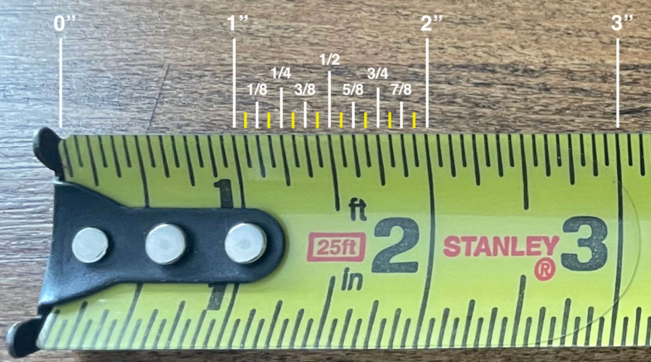 Inch fraction markings on a tape measure