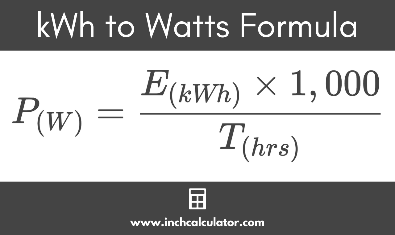 kilowatt-hours to watts formula showing that the power in watts is equal to the energy in kilowatt-hours times 1,000, divided by the time in hours