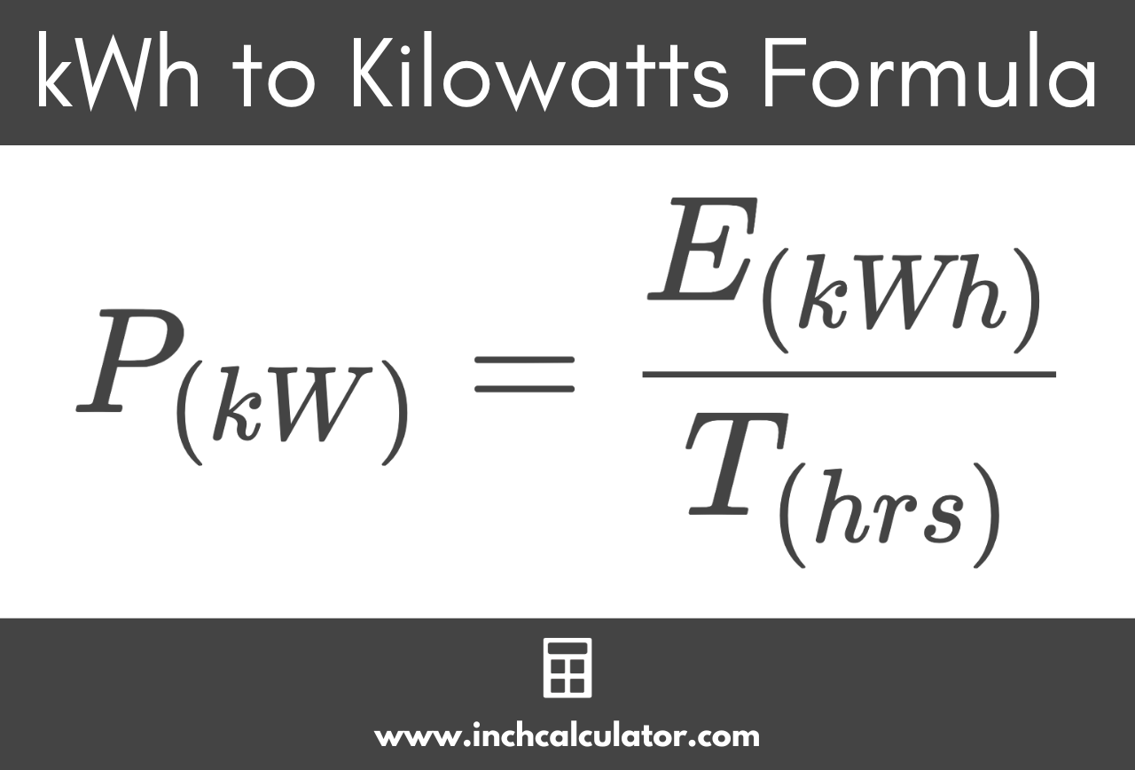 kWh to kW formula stating that the power in kilowatts is equal to the energy in kilowatt-hours divided by the time in hours