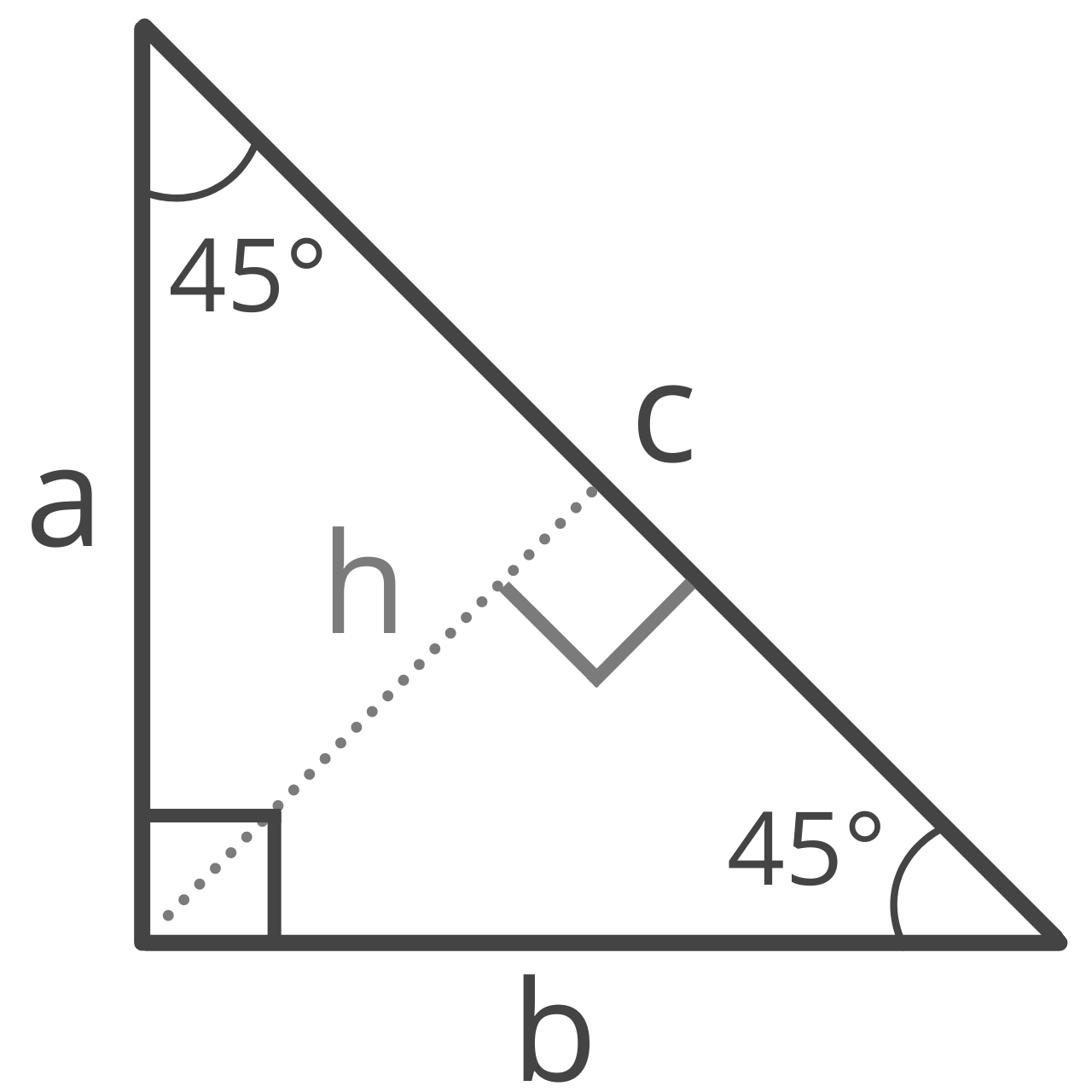 diagram of a special right 45 45 90 triangle showing legs a and b, hypotenuse c, 45 degree angles, and height h