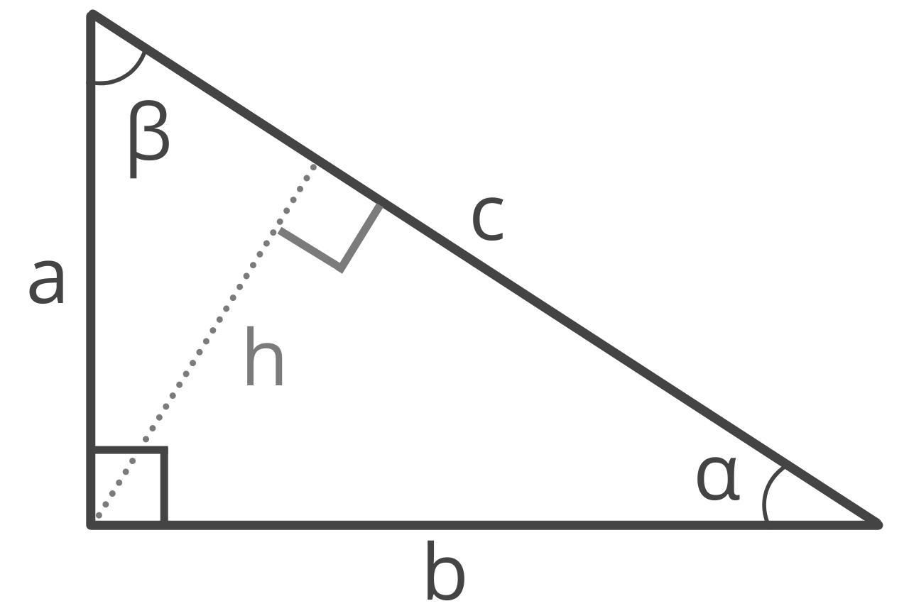 diagram of a right triangle showing legs a and b, hypotenuse c, angles alpha and beta, and height h