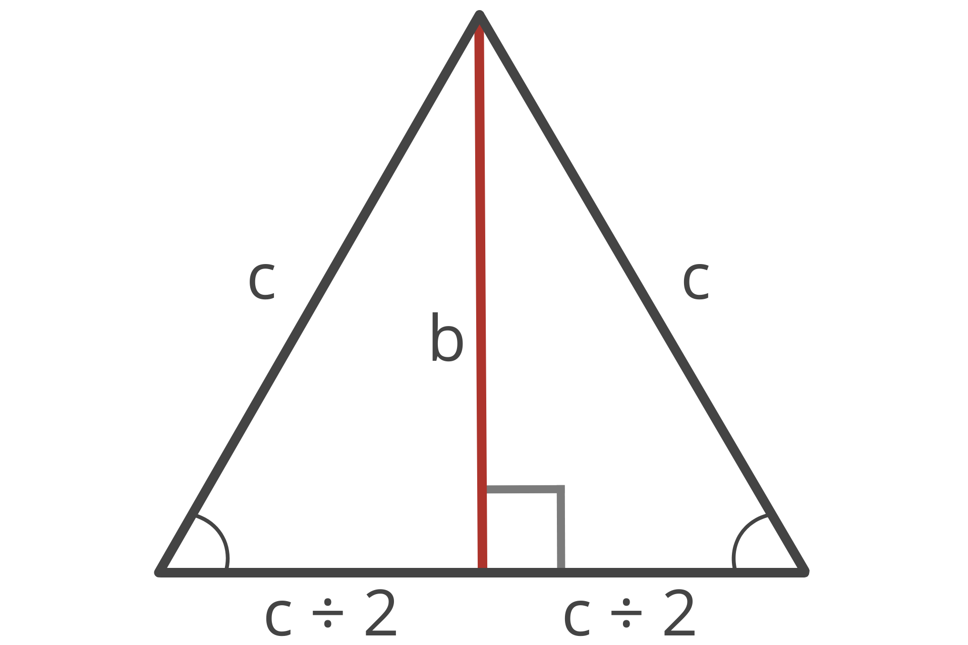 Graphic showing an equilateral triangle divided into two equal right triangles with sides a, b, and c.
