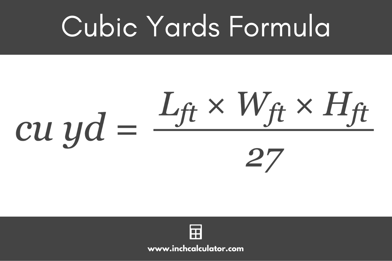 Graphic showing the formula to calculate gravel needed where the volume in cubic yards is equal to the length times the width times the height in feet, divided by 27.