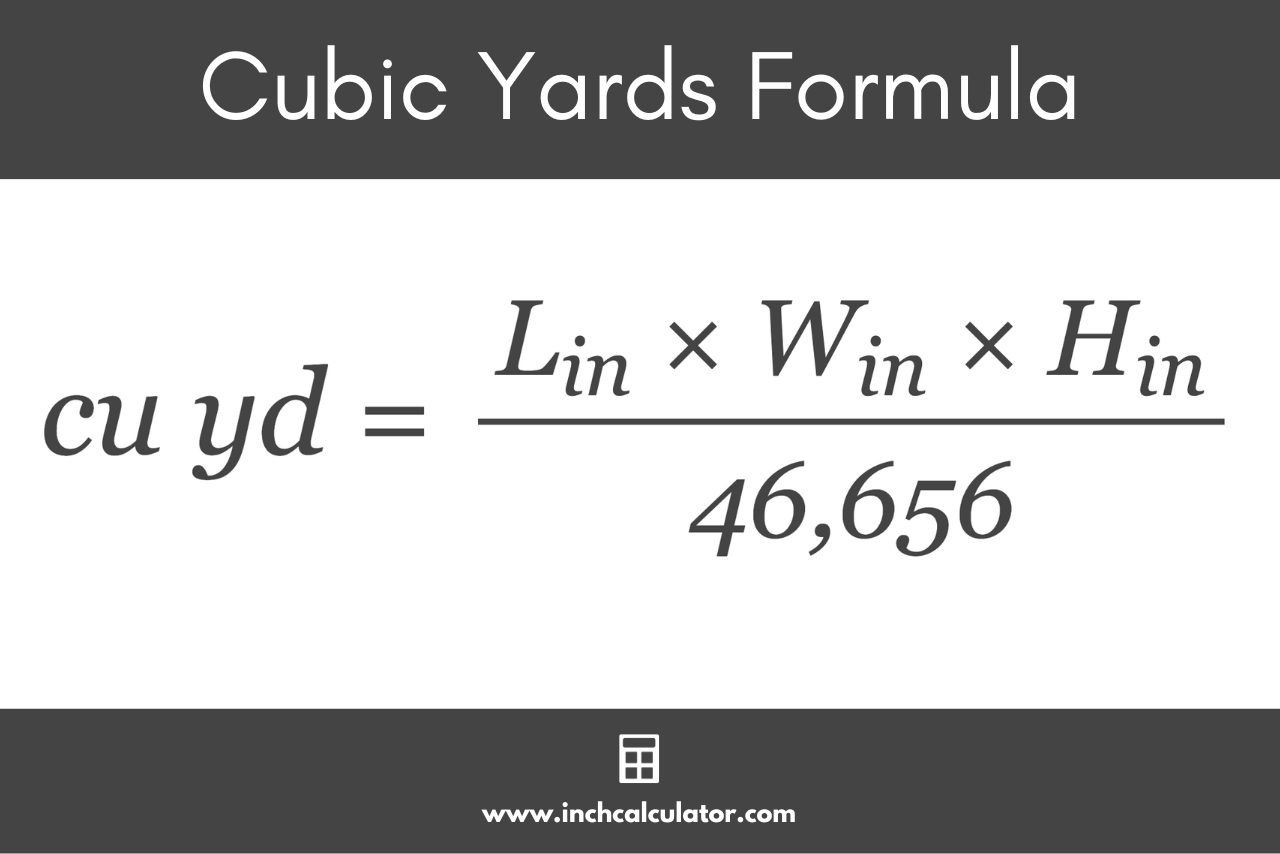 Graphic showing the formula to calculate mulch needed where the volume in cubic yards is equal to the length times the width times the height all in inches, divided by 46,656.