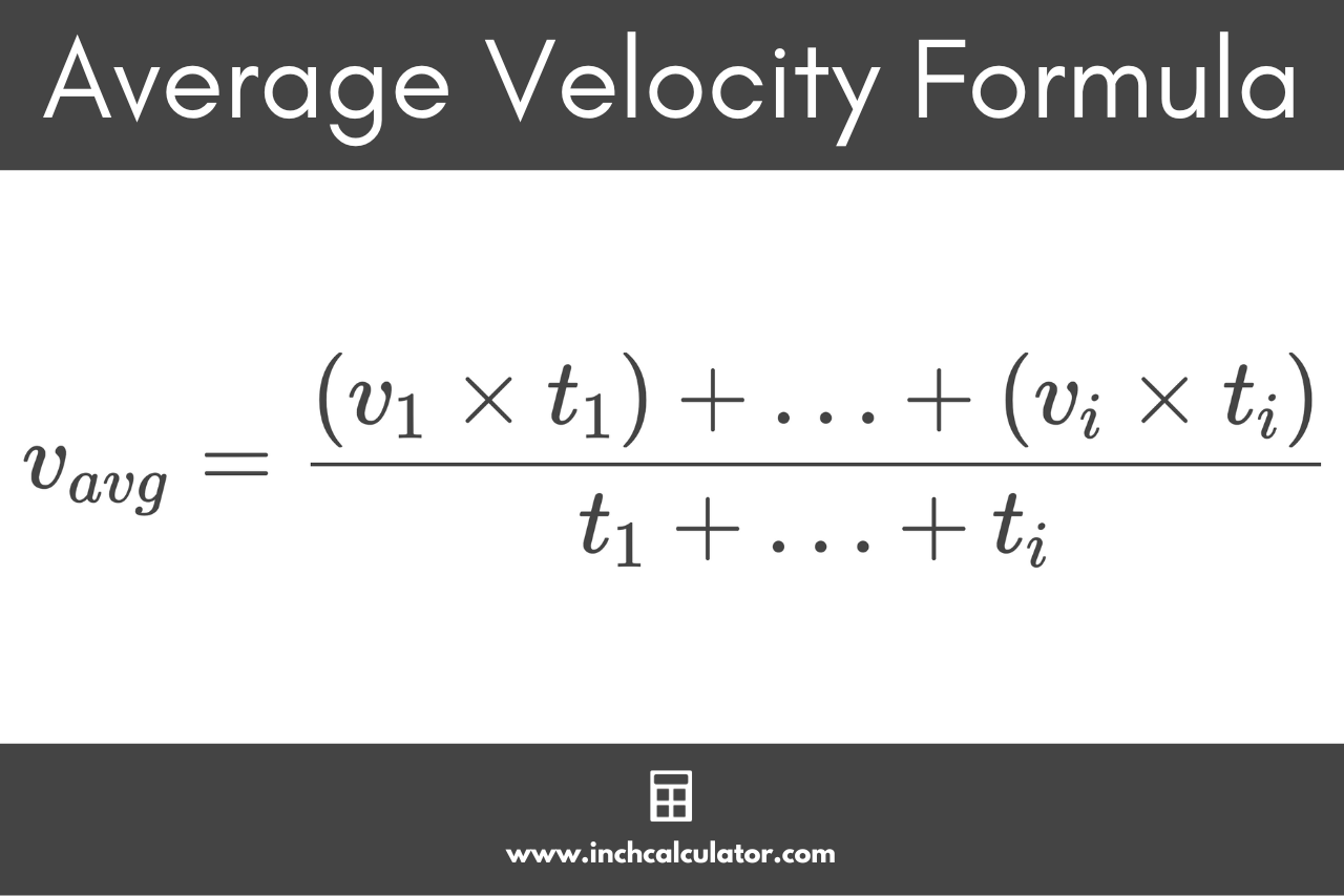 Graphic showing the average velocity formula where the average velocity is equal to the sum of the products of each velocity and time interval, divided by the total time.
