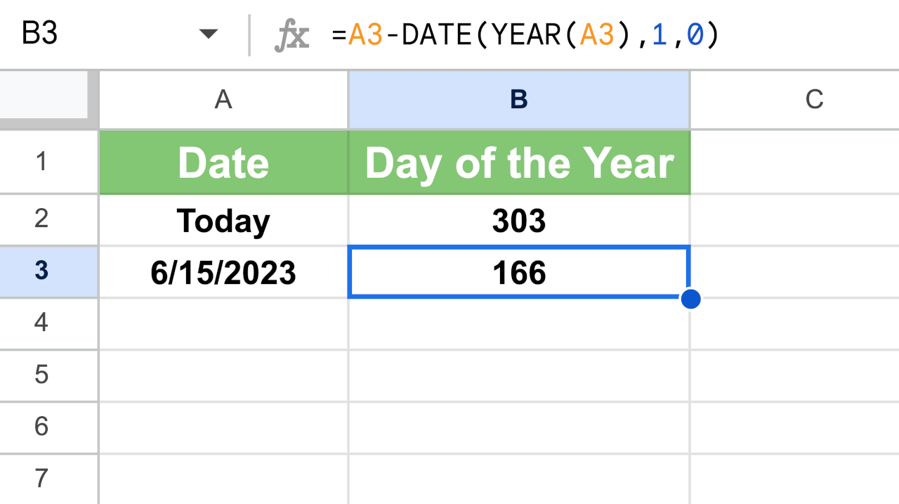 Graphic showing the formula for Google Sheets or Microsoft Excel to calculate the day number any date.