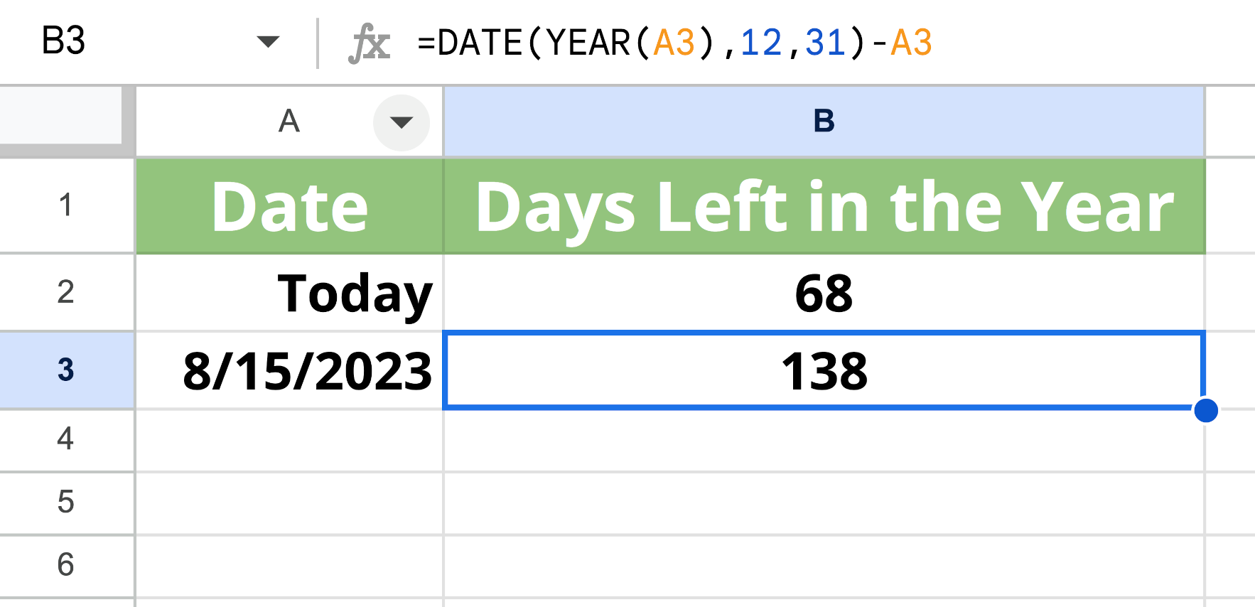 Graphic showing the formula for Google Sheets or Microsoft Excel to calculate the days left in the year from any date.