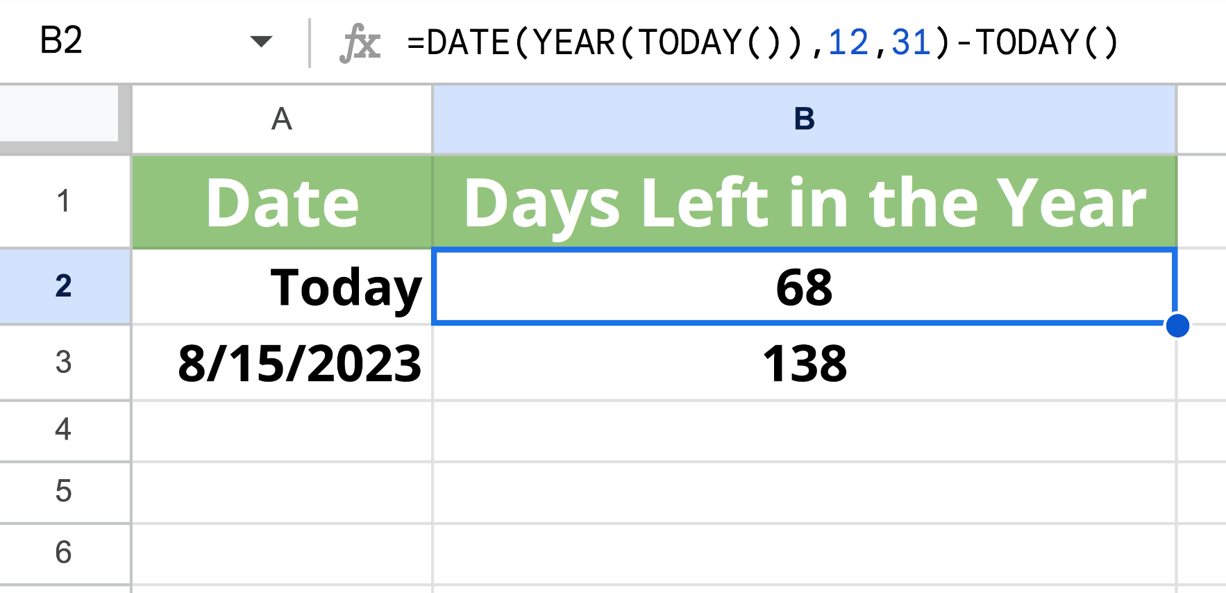 Graphic showing the formula for Google Sheets or Microsoft Excel to calculate the days left in the year from the current date.