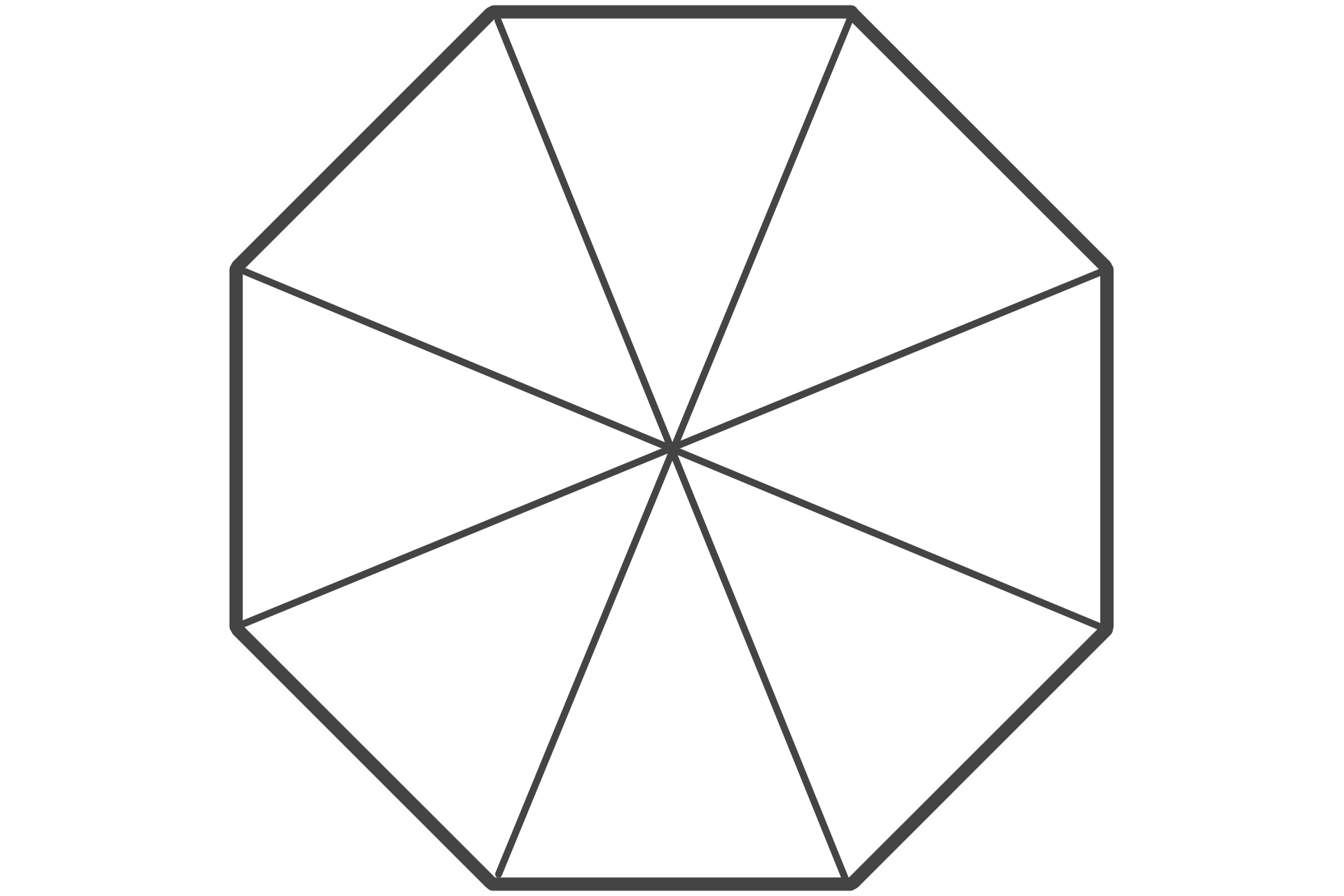 Graphic showing that a regular octagon is composed of eight isosceles triangles.