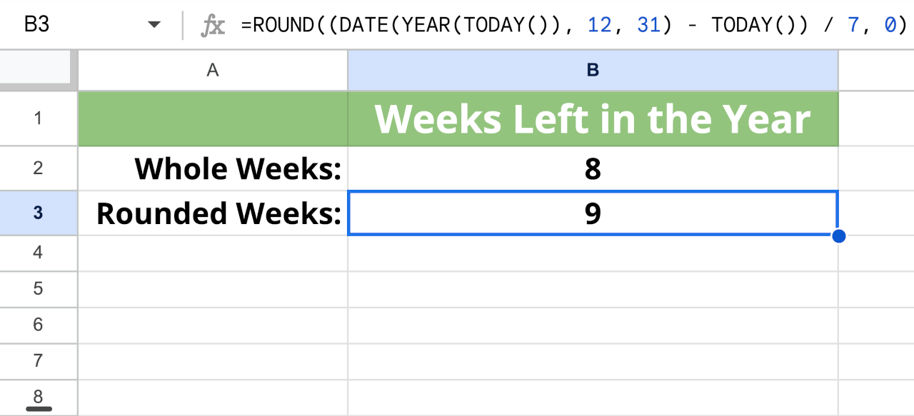 Graphic showing the formula for Google Sheets or Microsoft Excel to calculate the rounded weeks left in the year from any date.