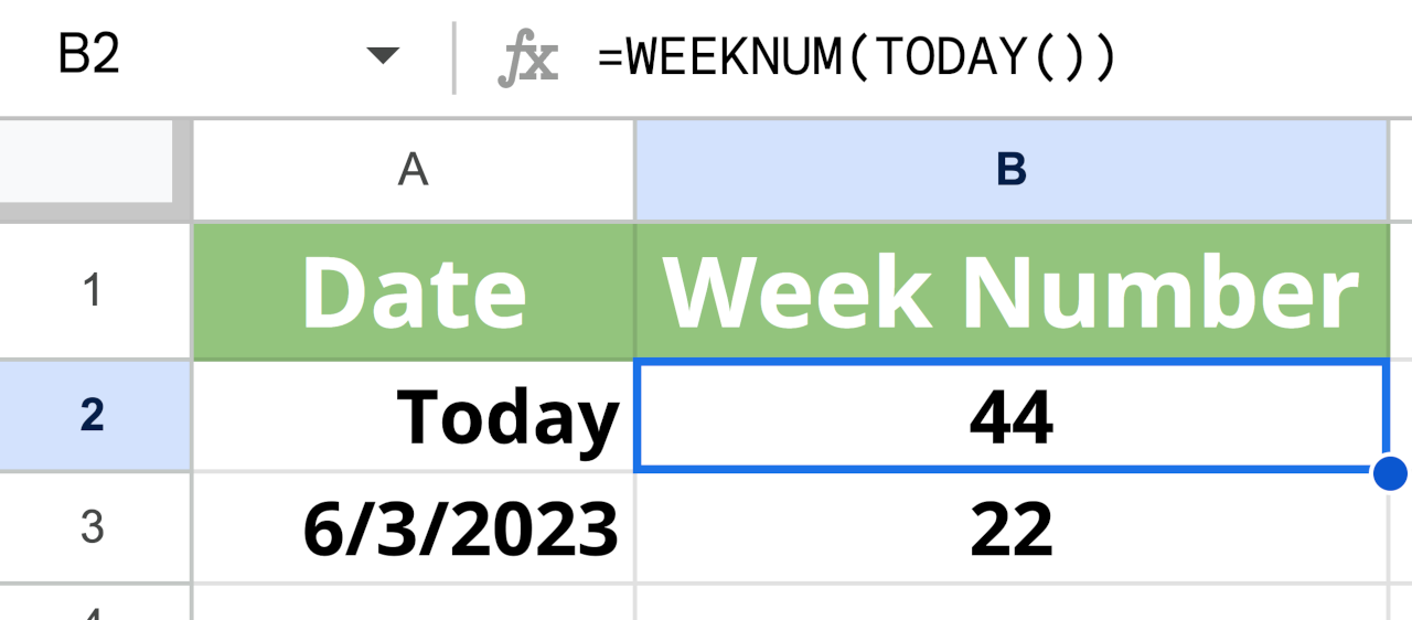 Graphic showing the formula for Google Sheets or Microsoft Excel to calculate the week number for the current date.