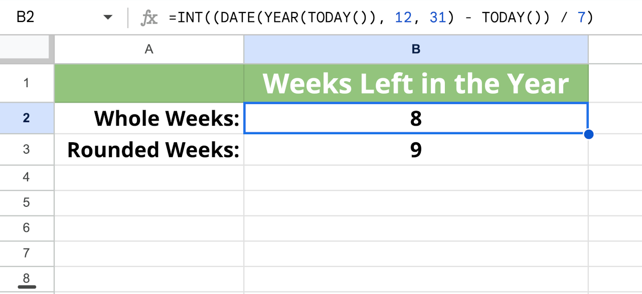 Graphic showing the formula for Google Sheets or Microsoft Excel to calculate the whole weeks left in the year from the current date.