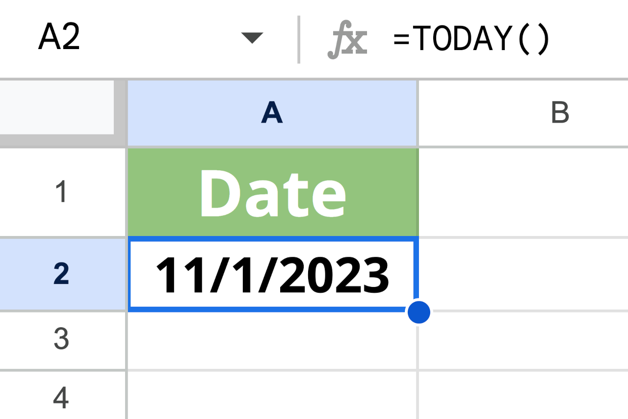 Graphic showing the formula for Google Sheets or Microsoft Excel to calculate the current date.