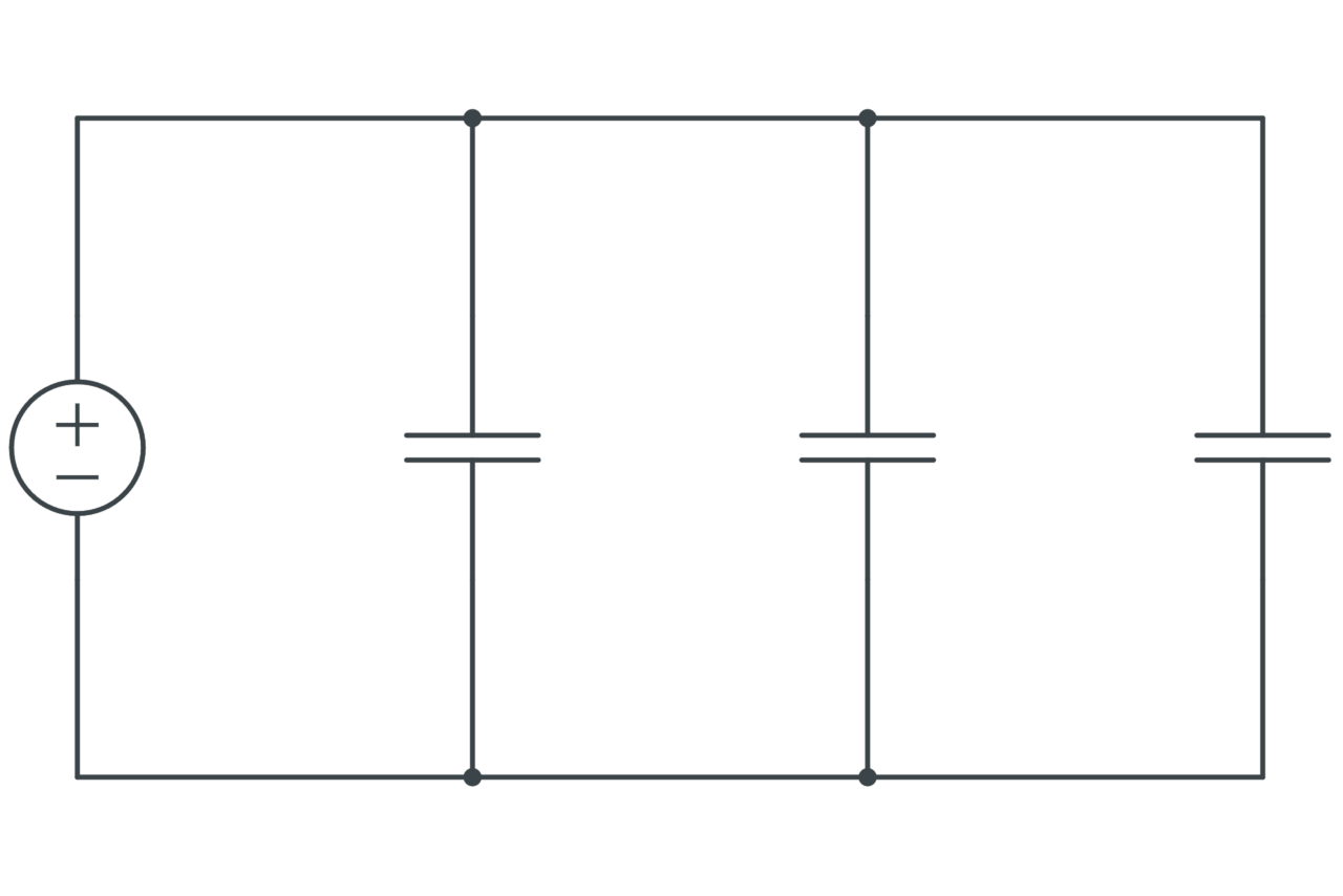 Graphic showing a circuit with three capacitors connected in parallel