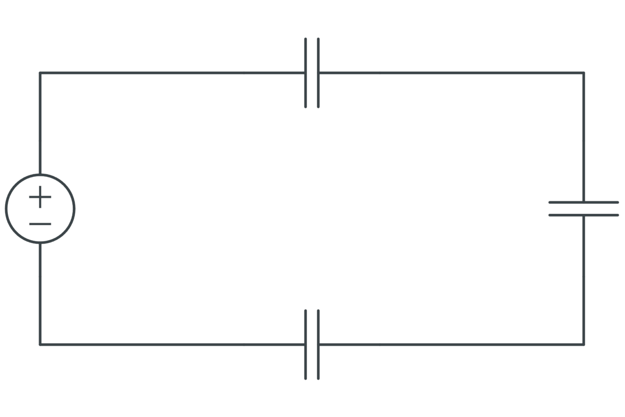 Graphic showing a circuit with three capacitors connected in series
